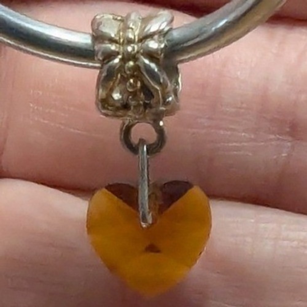 Vintage New Heart Slide Charm Pendant Amber Brown Faceted Glass Crystal Silver